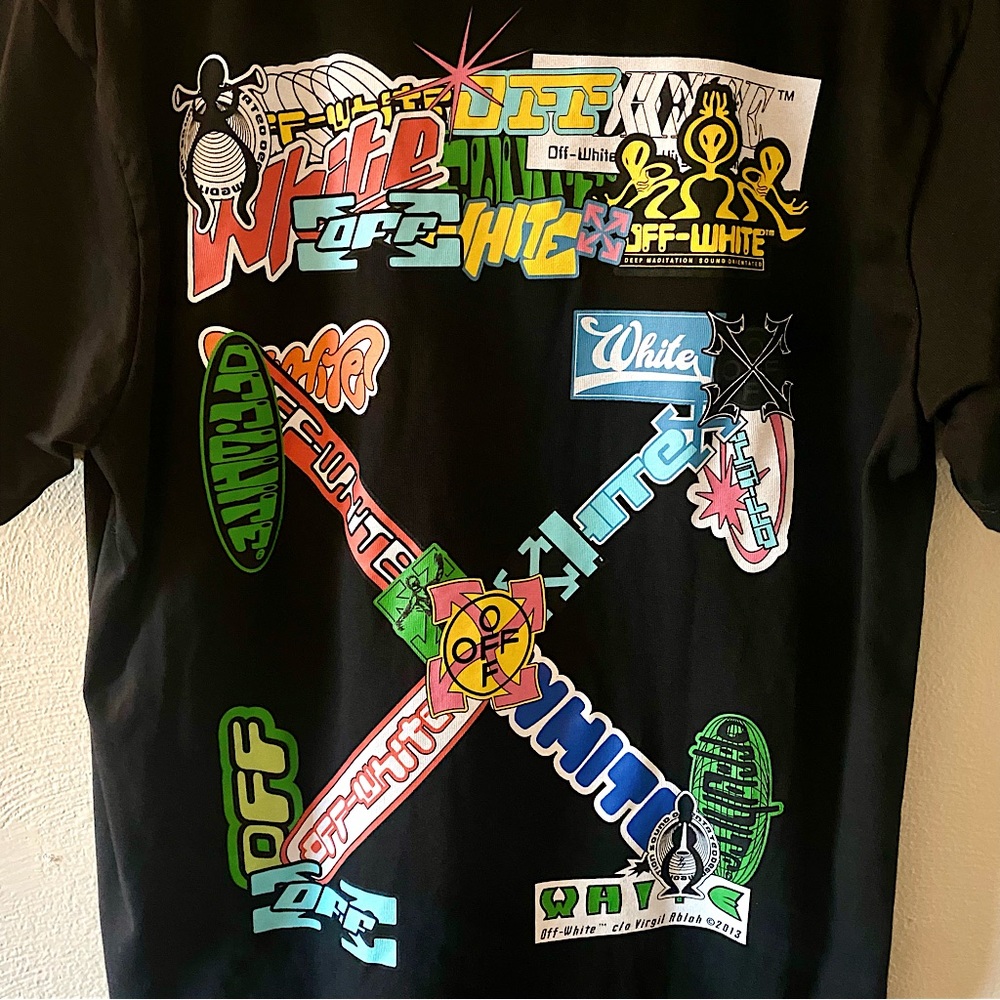 Off-White Black Graphic Short Sleeve Tee with Multicolor Logo Collage